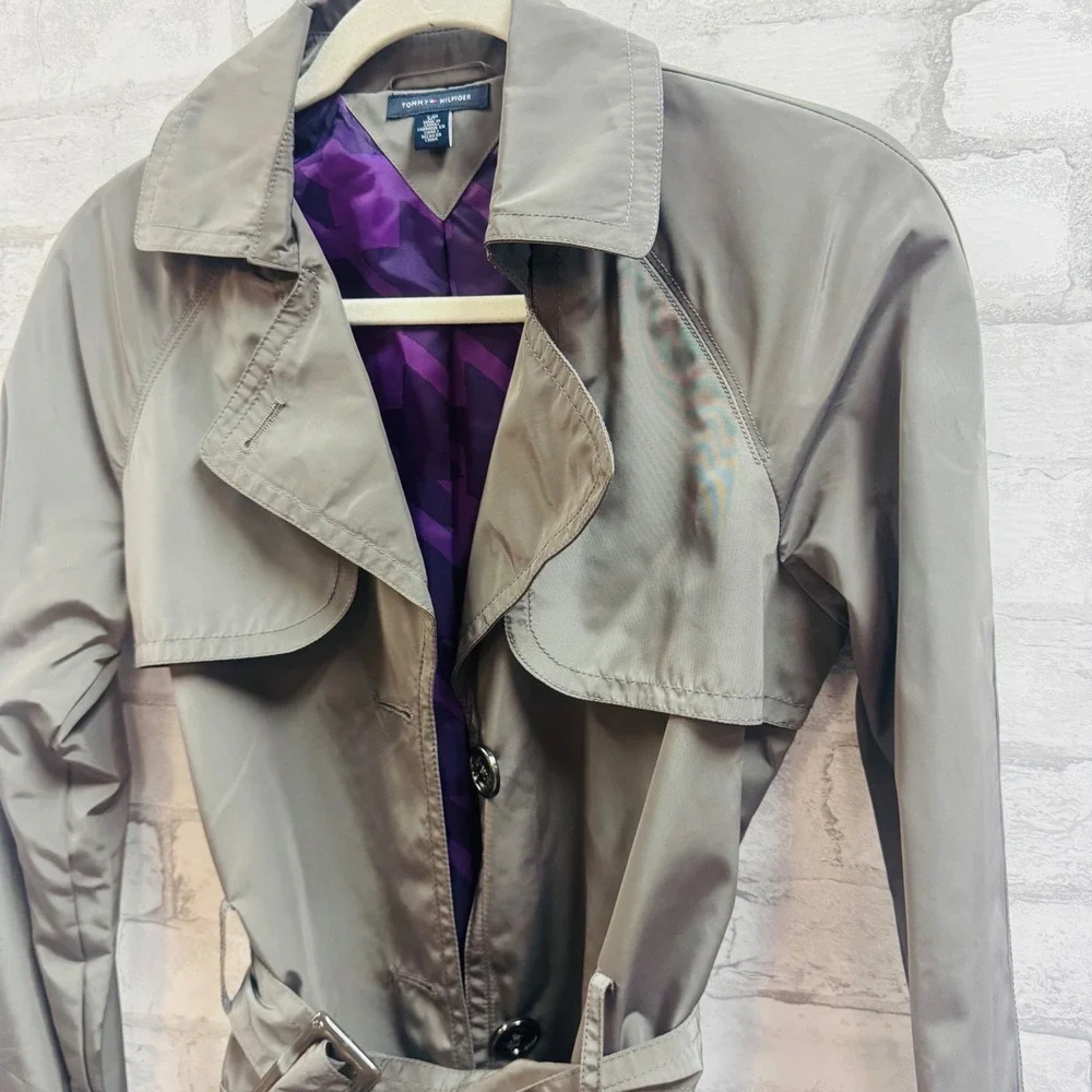 NWT Tommy Hilfiger Womens Belted Trench Coat Olive Grey Small